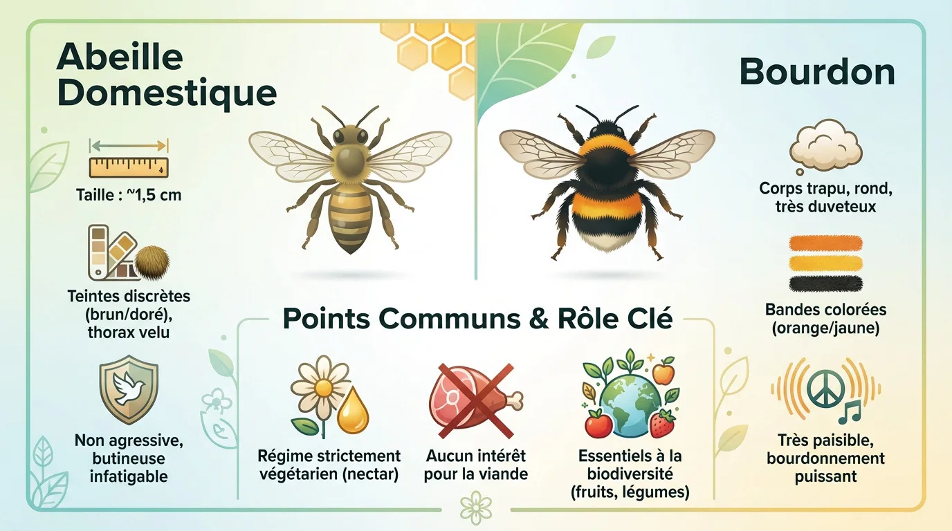 Comparaison visuelle entre une abeille domestique et un bourdon sur une fleur